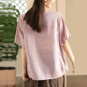 Áo T-shirt linen ngắn tay cổ tròn in hình học form rộng - NU10504