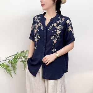 Áo sơ mi linen ngắn tay cổ đứng xẻ V thêu những bông hồng - NU10329
