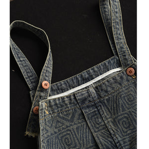 Đầm yếm denim hai túi vuông hoa văn retro - D042