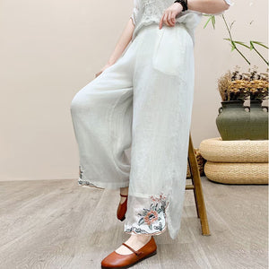 Quần baggy linen lưng thun ống xuông thêu hoa lá retro - NU9995