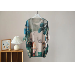Áo T-shirt dệt kim ngắn tay cổ tròn in cô gái và chú cún - NU8910