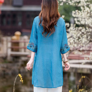 Đầm liền linen tay lửng cổ V thêu hoa văn retro - NU9986