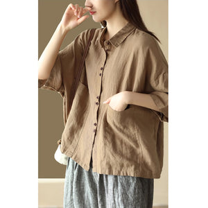 Áo sơ mi linen ngắn tay cổ đức hai túi vuông lớn - NU9019
