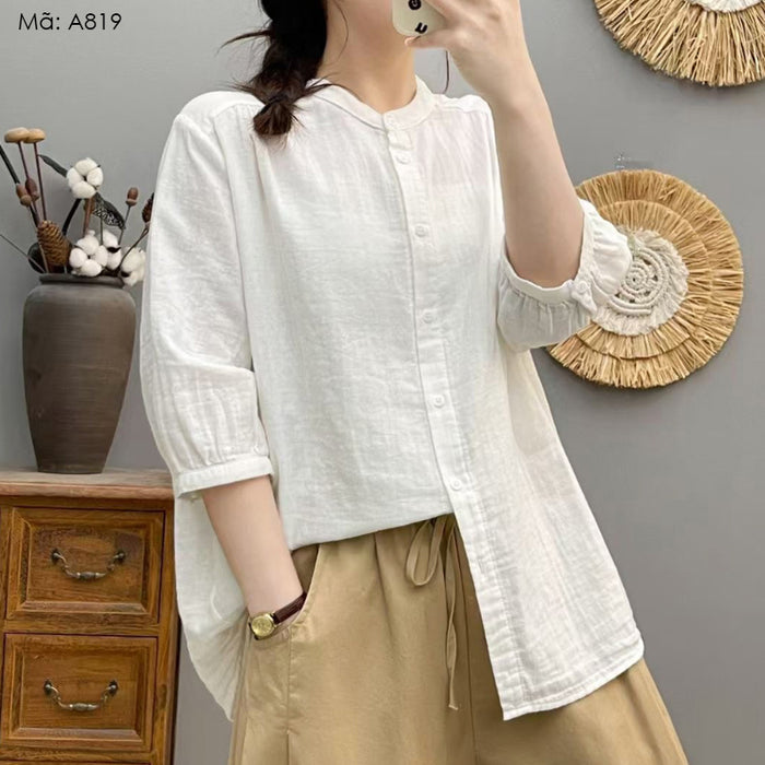Áo sơ mi ngắn tay cổ đứng một màu - A819