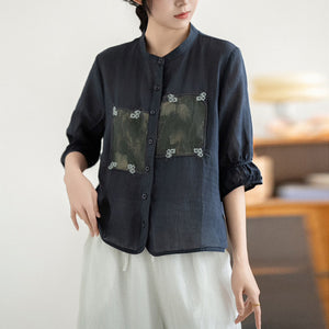 Áo sơ mi linen ngắn tay cổ đứng thêu miếng vá hoa lá  - A852
