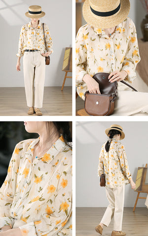 Áo sơ mi linen dài tay cổ đức in hoa lá - NU9626