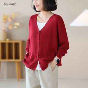 Áo khoác len dệt kim cardigan dài tay cổ V đơn sắc - NU9259