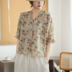 Áo sơ mi linen ngắn tay cổ V in hoa lá bo ren - A892