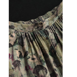 Chân váy linen lưng cao in hoa lá có khuy cài - V070