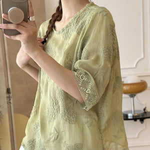 Áo sơ mi linen ngắn tay cổ tròn thêu hoa cẩm tú cầu - NU10403
