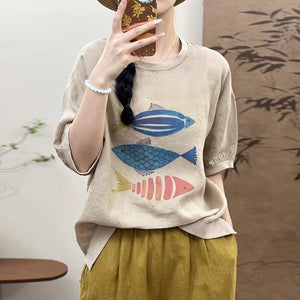 Áo T-shirt linen ngắn tay cổ tròn in những chú cá gỗ - NU10459