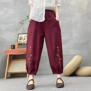 Quần baggy linen lửng lưng thun ống bo thêu hai nhành hoa - Q145