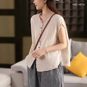 Áo sơ mi linen sát nách cổ tròn xếp ly - A812