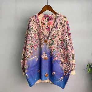 Áo khoác len cashmere dài tay cổ V in giàn hoa - A460