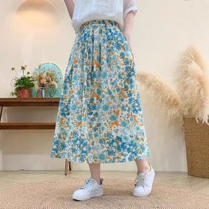 Chân váy linen lưng thun hai túi in hoa lá retro - V080