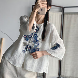 Áo sơ mi linen tay lửng cổ tròn một khuy thêu hoa lá - NU9071