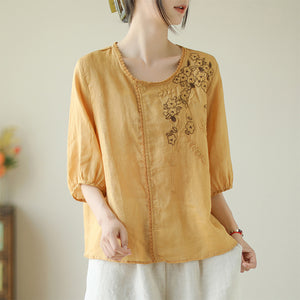 Áo T-shirt linen ngắn tay cổ tròn đính ren thêu hoa lá - NU9997
