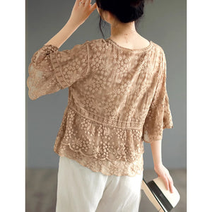 Áo T-shirt thêu ren retro ngắn tay cổ tròn - NU9058