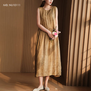 Đầm liền linen sát nách cổ tròn in đồng màu - NU10111