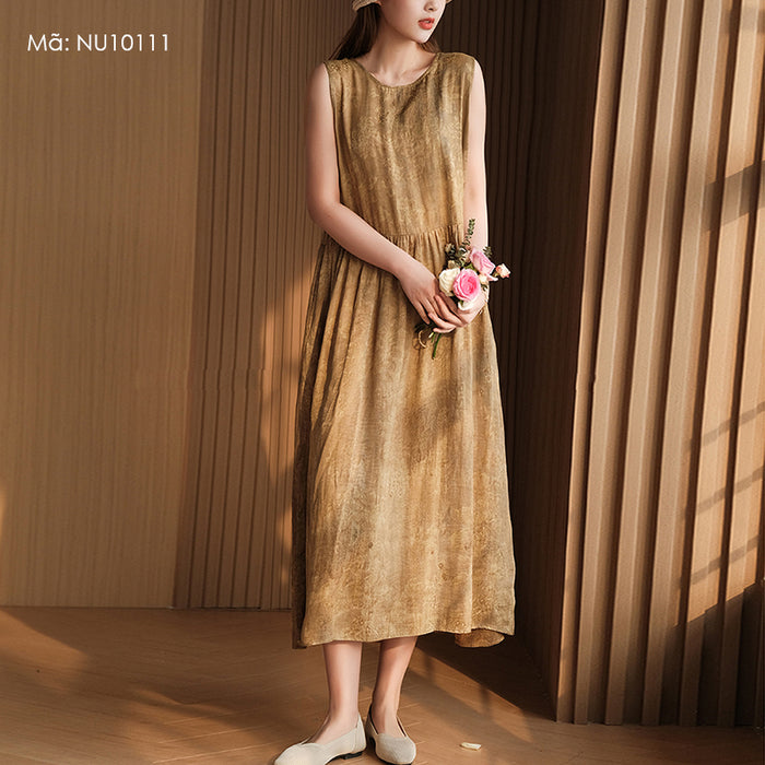 Đầm liền linen sát nách cổ tròn in đồng màu - NU10111