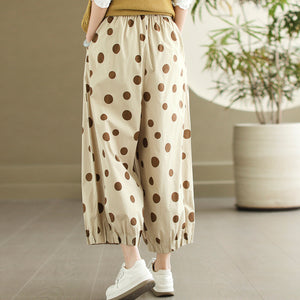 Quần baggy linen lửng lưng thun chấm bi ống đứng - Q144