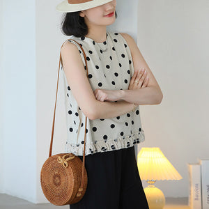 Áo T-shirt sát nách cổ tròn chấm bi vạt xếp ly - NU10436