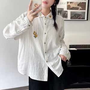 Áo sơ mi linen dài tay cổ pipi thêu hoa hướng dương - NU9725