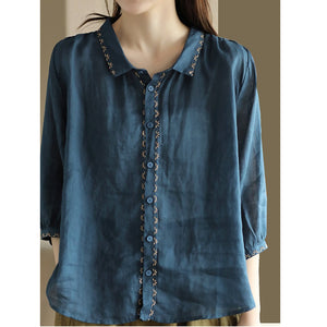 Áo sơ mi linen tay lửng cổ pipi thêu viền những bông hoa - NU8940