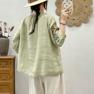Áo sơ mi linen ngắn tay cổ tròn thêu hoa lá đối xứng - NU8934