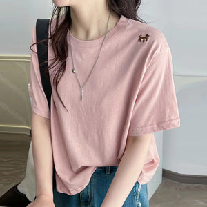 Áo T-shirt ngắn tay cổ tròn thêu chú cón nhỏ - NU10083