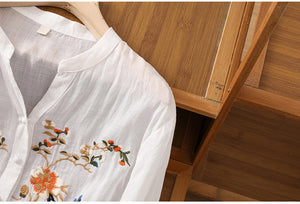 Áo sơ mi linen ngắn tay cổ tròn chữ V thêu hoa lá - NU8831