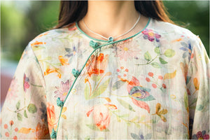 Đầm liền linen ngắn tay cổ tròn kiểu sườn xám in hoa lá - NU9988