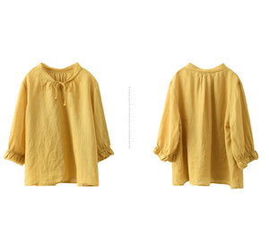 Áo sơ mi linen tay lửng cổ V cột dây - A715