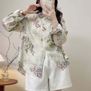 Áo sơ mi linen dài tay cổ pipi in hoa lá một túi tam giác - A687