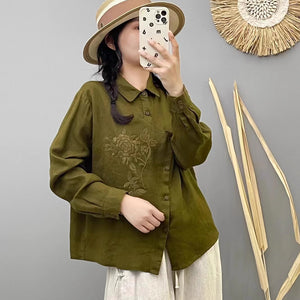 Áo sơ mi linen dài tay cổ đức thêu hoa vạt kiểu - NU9246