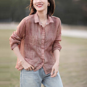 Áo sơ mi linen dài tay cổ đức che khuy - NU10014