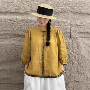 Áo sơ mi linen tay lửng cổ pipi thêu bo viền - A693