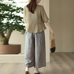 Áo sơ mi linen ngắn tay cổ tàu in hoa lá retro khuy tròn - NU8854