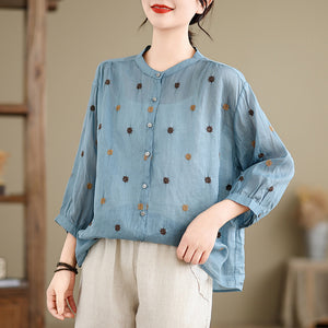 Áo sơ mi linen tay lửng cổ đứng thêu chấm sao - NU10093