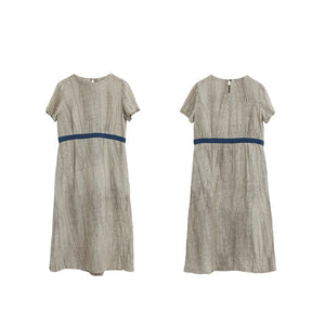 Đầm liền linen ngắn tay cổ tròn eo phối dải màu - NU9913
