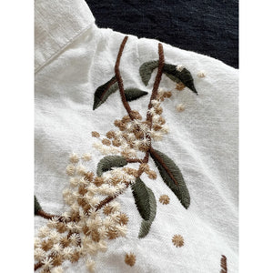 Áo sơ mi linen dài tay cổ pipi thêu nhành hoa - NU9249