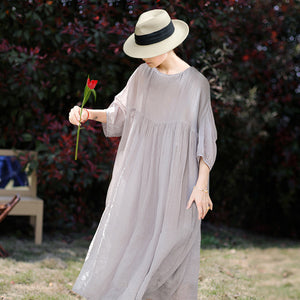 Đầm liền linen ngắn tay cổ tròn eo xếp ly đơn sắc - NU9038