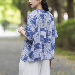 Áo sơ mi linen ngắn tay hoa văn retro khuy tròn cài lệch - NU10257