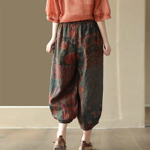 Quần baggy linen alibaba lưng thun in hoa văn trừu tượng - NU8960