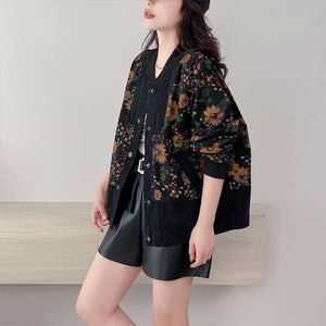 Áo khoác denim dài tay in hoa lá khuy bấm - NU9301