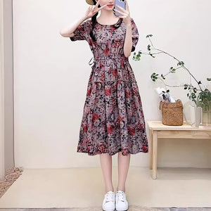 Đầm liền linen ngắn tay cổ tròn in hoa lá chiết eo - NU10184