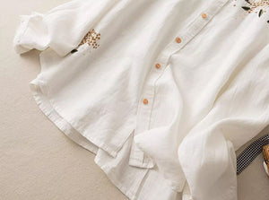 Áo sơ mi linen dài tay cổ pipi thêu nhành hoa - NU9249