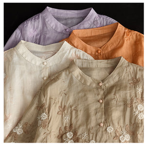 Áo sơ mi organza ngắn tay cổ tròn thêu hoa lá - A010