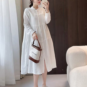 Đầm liền linen dài tay cổ đứng thêu hoa kiểu sơ mi - D032