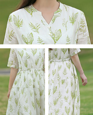 Đầm liền linen ngắn tay cổ V in những chiếc lá - NU8789